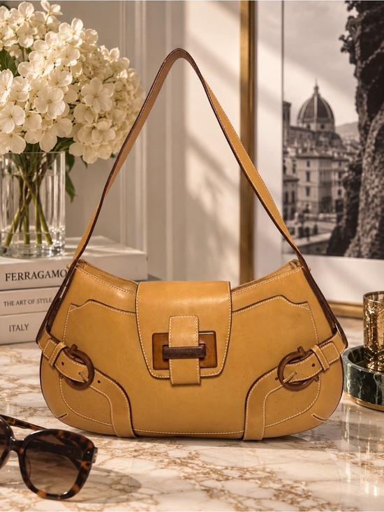 Salvatore Ferragamo Handbags - Salvatore Ferragamo Gancini Harness Leather Shoulder Bag Baguette